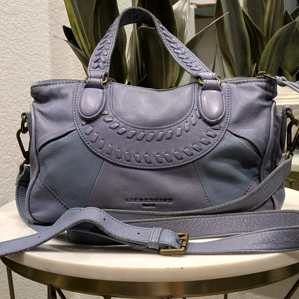 Liebeskind Berlin Satchel Bag Medium Sz Real Leather Blue Braided Crossbody Boho